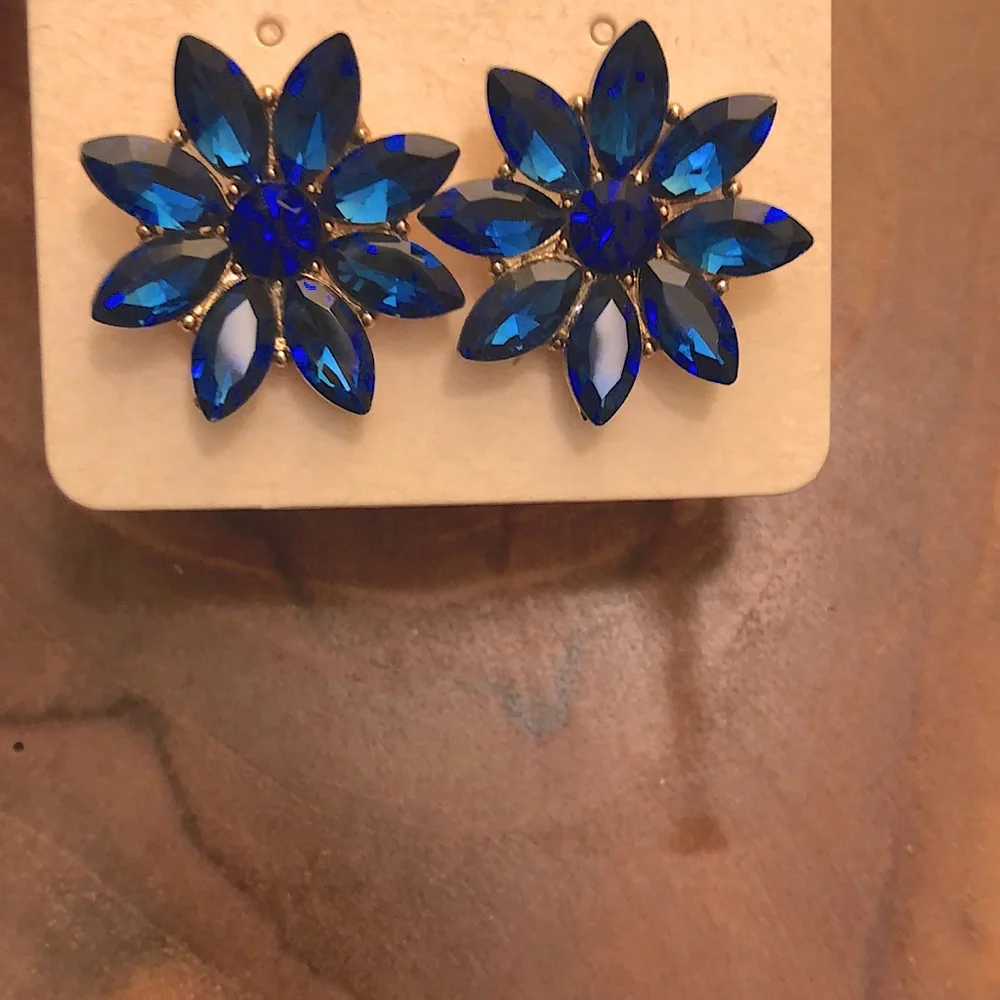 Sapphire Blue + Gold Crystal Flower Statement Earrings